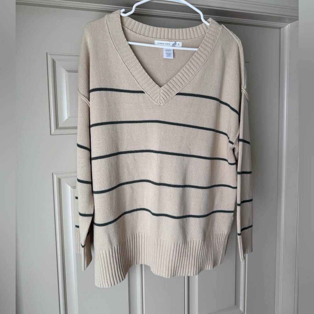 Altar'd State Beige and Black Striped V-Neck Sweater